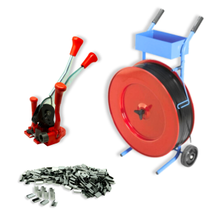 Kit completo per reggiatura composto da reggiatrice manuale, carrello, reggia e sigilli metallici